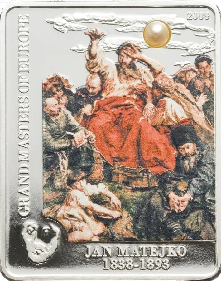 Cook Islands 5 Dollars 2009 - Elizabeth II Jan Matejko Rare {Silver (.925) (with a real yellow pearl insert) - Weight 25 g} Coin with Capsool