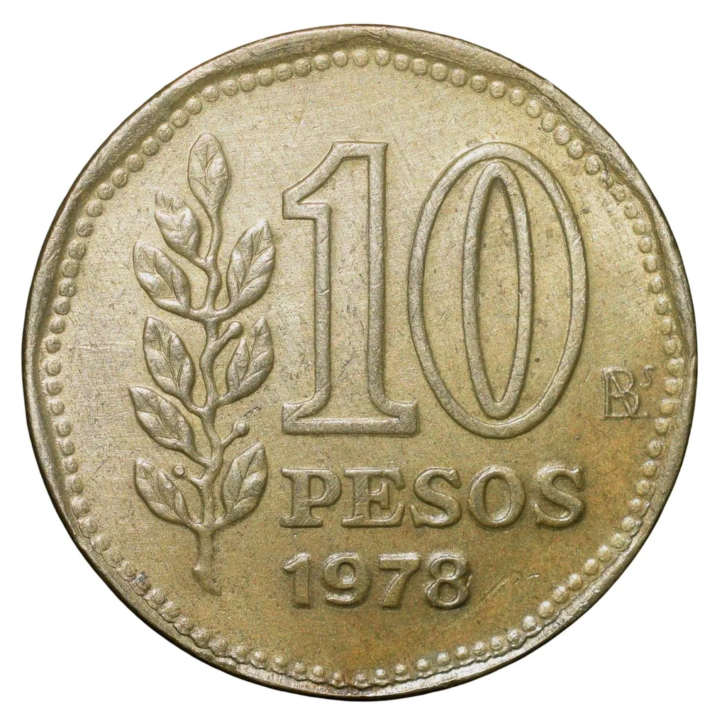 Brass 10 Pesos of Argentina (AD 1978) with 'Sol de Mayo' (Spanish: 'Sun of May')