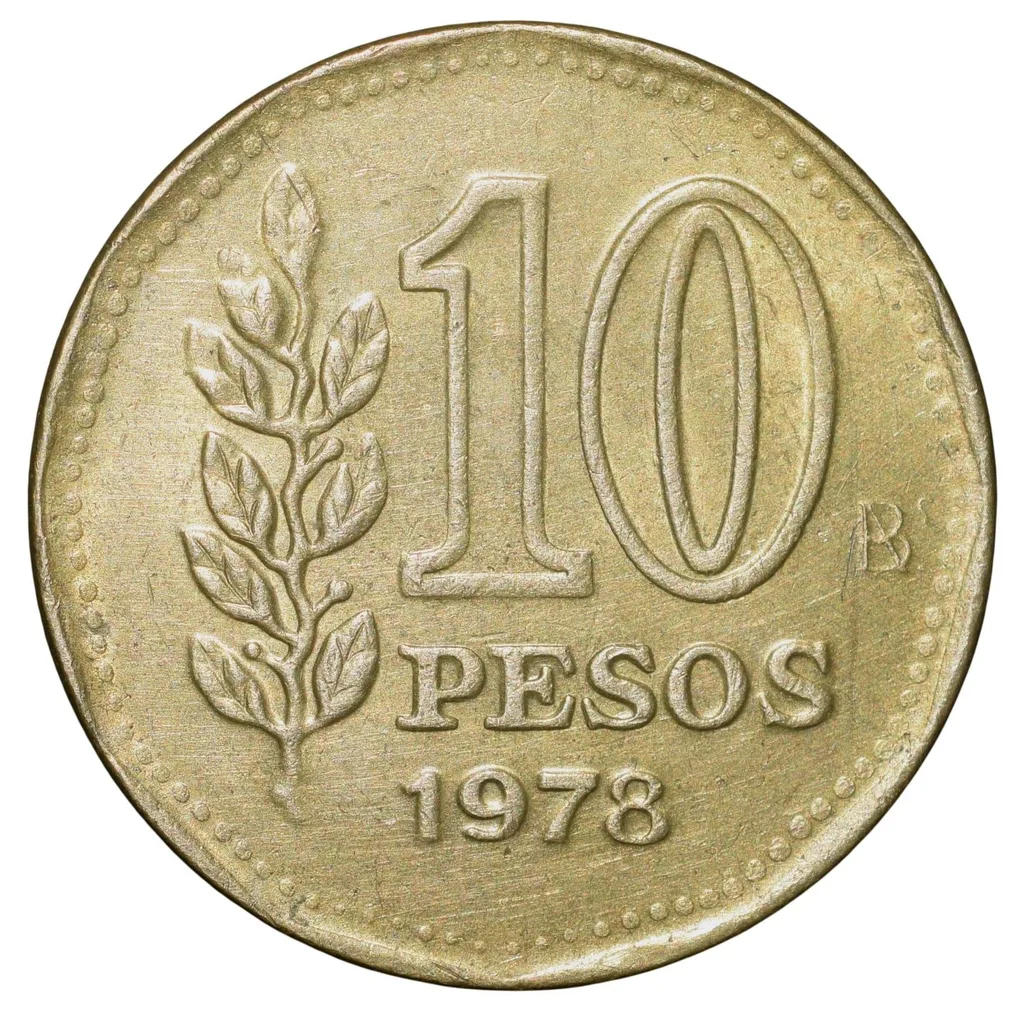 Brass 10 Pesos of Argentina (AD 1978) with 'Sol de Mayo' (Spanish: 'Sun of May')