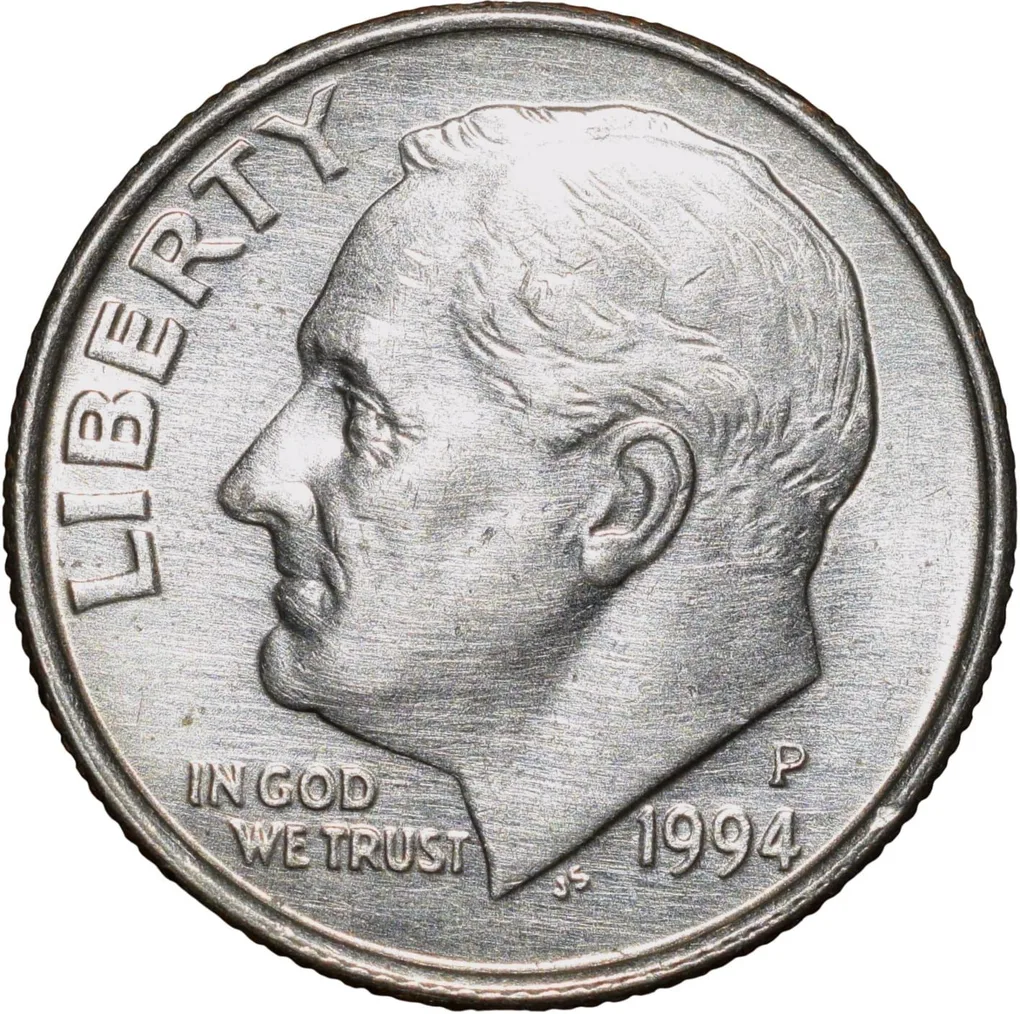 Copper-Nickel 1 Dime of USA (AD 1994) with Portrait of Franklin D. Roosevelt