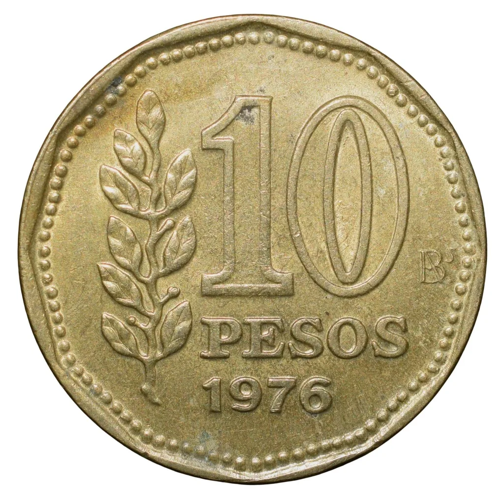 Brass 10 Pesos of Argentina (AD 1976) with 'Sol de Mayo' (Spanish: 'Sun of May')