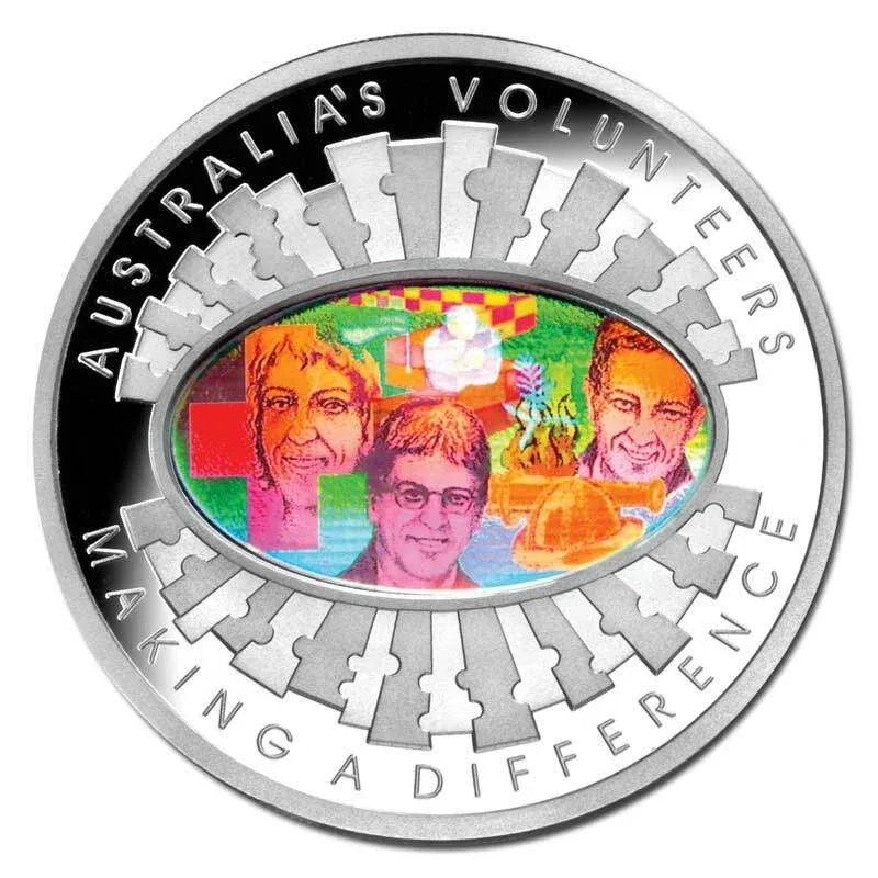 Australia 5 Dollars 2003 - Elizabeth II- Hologram "Finale" - Australia's Volunteers {Silver (.999) Weight-36.31} Coin Royal Australian Mint Issue with wooden box and certificate