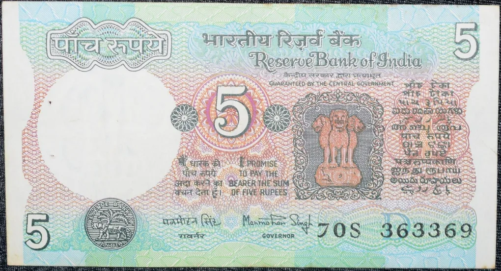 5 Rupees of Republic India (AD 1983) with Farmer ploughing with a tractor while sun is rising - Manmohan Singh Signature