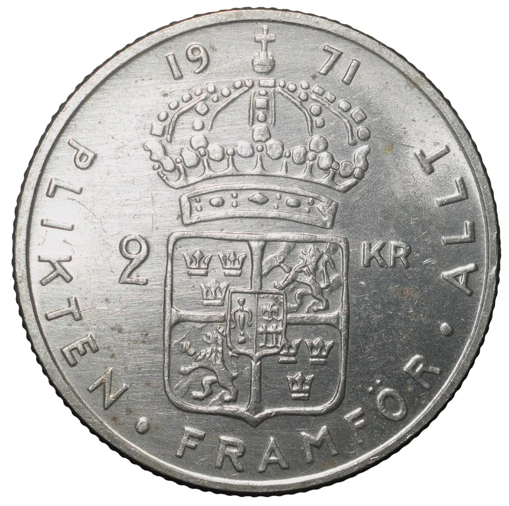 Copper-Nickel 2 Kroner of Gustaf VI Adolf (AD 1971) of Sweden Country Large Size