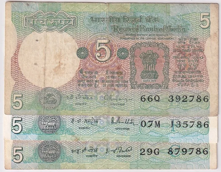 Tractor Issue 5 Rupees Three Different Signatures 786 Ending Lot