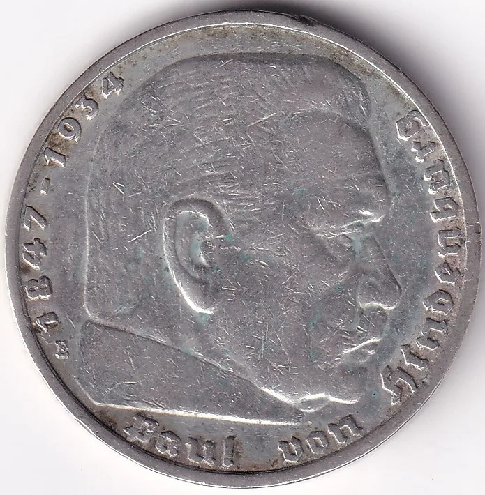 5 Reichmsark Germany 1936 E mark Silver 13.8 Grams Weight Rare