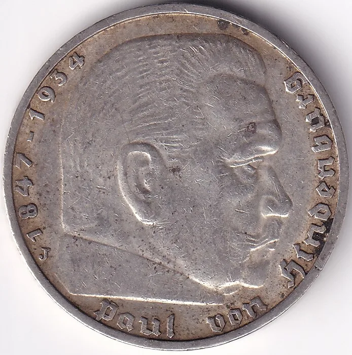 5 Reichmsark Germany 1937 J mark Silver 13.8 Grams Weight Rare