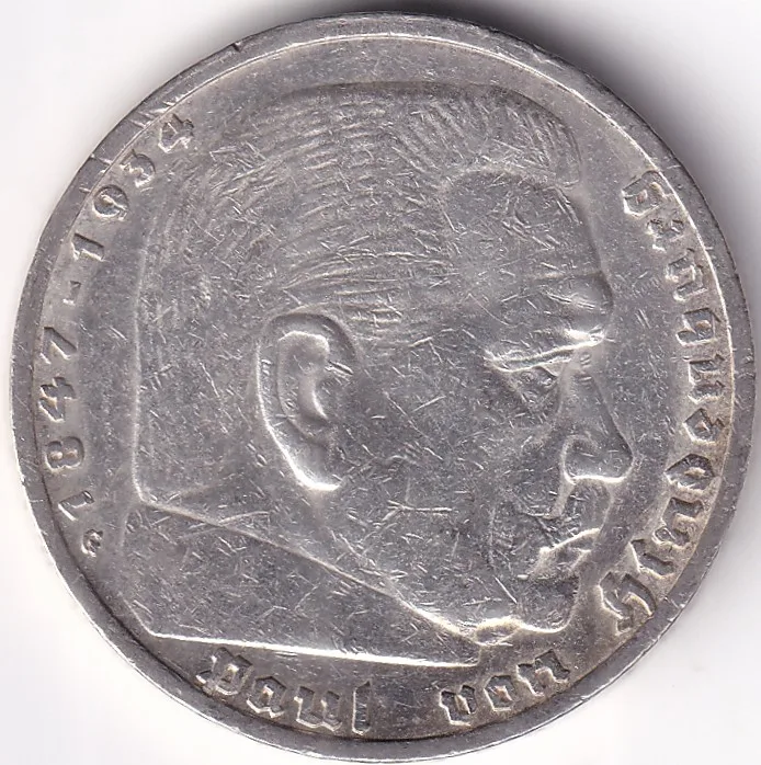 5 Reichmsark Germany 1937 G mark Silver 13.8 Grams Weight Rare