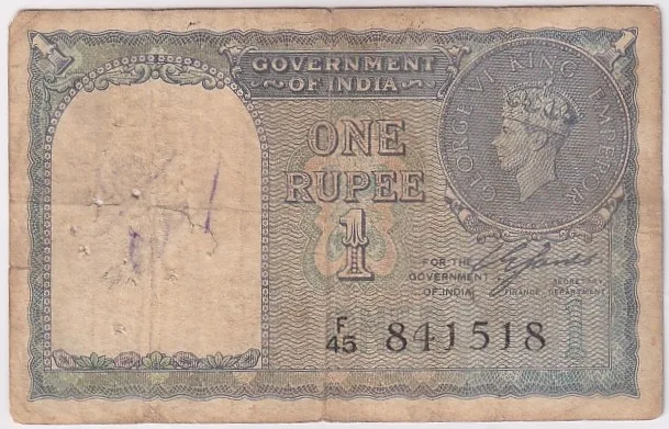 One Rupee 1940 Fine Condition Note of King George VI British India #2