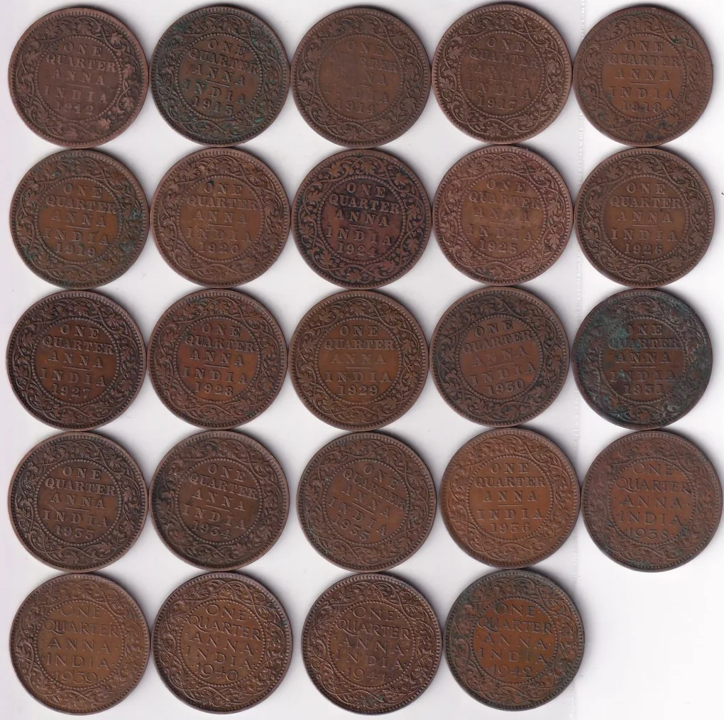 Quarter Anna 24 Different Years Collection Lot of British India EX Rare