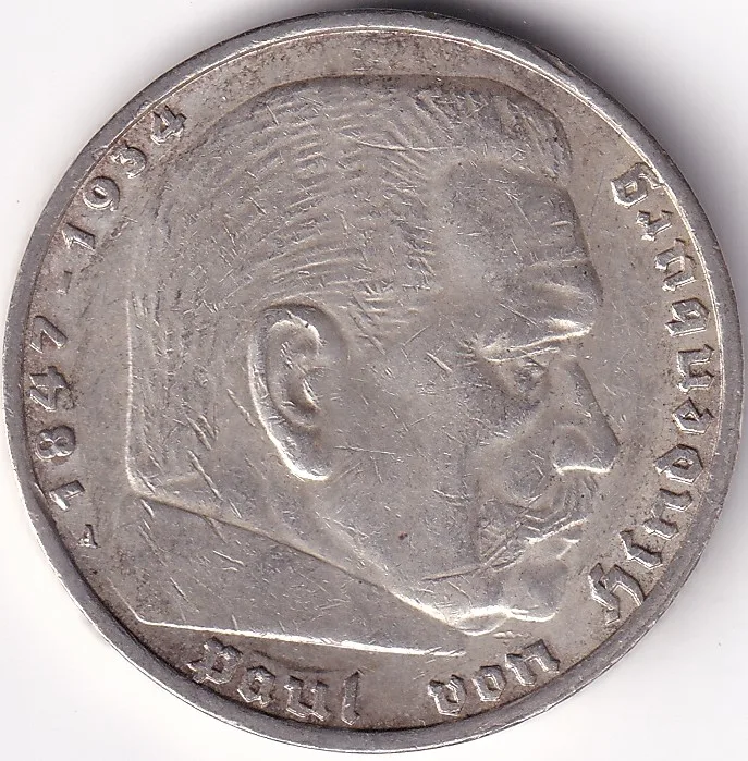 5 Reichmsark Germany 1938 A mark Silver 13.8 Grams Weight Rare