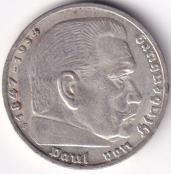 5 Reichmsark Germany 1938 F mark Silver 13.8 Grams Weight Rare