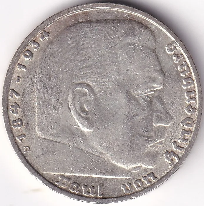 5 Reichmsark Germany 1938 D mark Silver 13.8 Grams Weight Rare