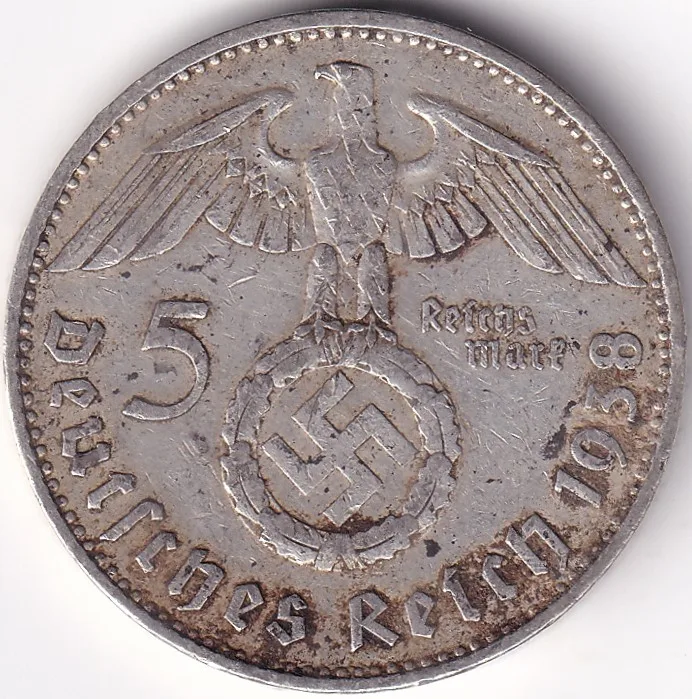 5 Reichmsark Germany 1938 J mark Silver 13.8 Grams Weight Rare