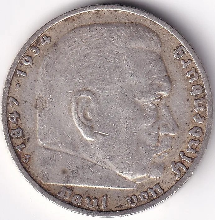 5 Reichmsark Germany 1938 J mark Silver 13.8 Grams Weight Rare