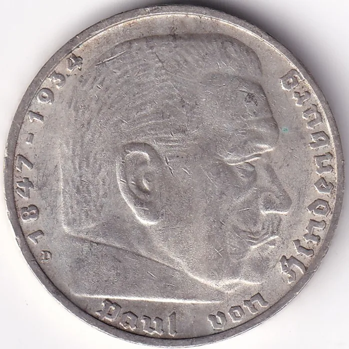 5 Reichsmark Germany 1939 D mark Silver 13.8 Grams Weight Rare