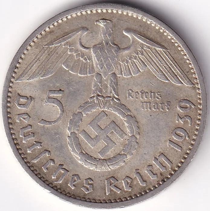 5 Reichsmark Germany 1939 J mark Silver 13.8 Grams Weight Rare