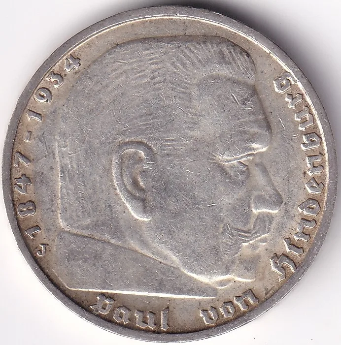 5 Reichsmark Germany 1939 J mark Silver 13.8 Grams Weight Rare