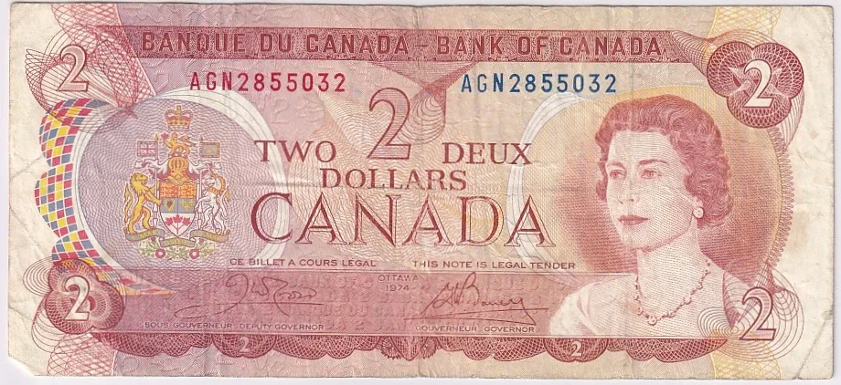 2 Dollars 1974 Canada Very Fine Used Note #1