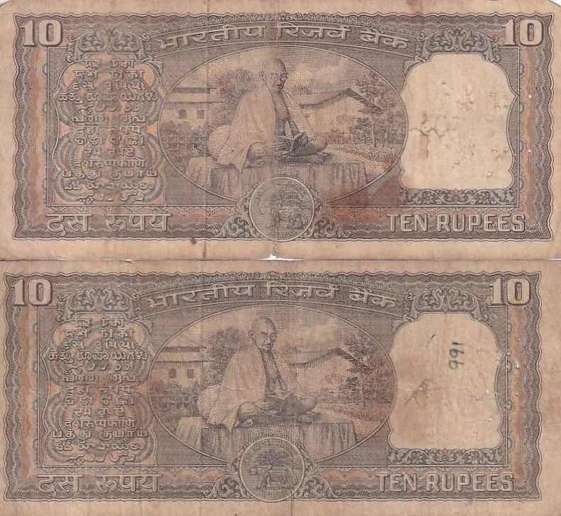 10 Rs L K Jha and B N Adarkar Sign Mahatma Gandhi Sitting With Book Used Fine 2 Notes Set