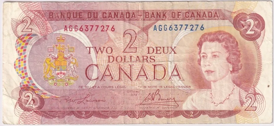 2 Dollars 1974 Canada Very Fine Used Note #3