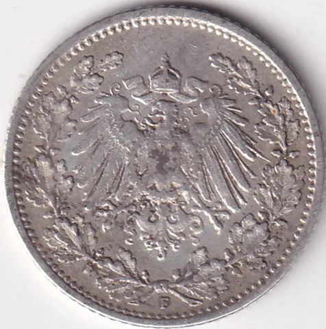 1/2 Mark Germany 1905 Eagle Silver F Mark Silver Rare Coin
