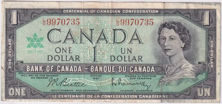 Queen Elizabeth II1 Dollar 1967 Canada Fine Condition Note #1