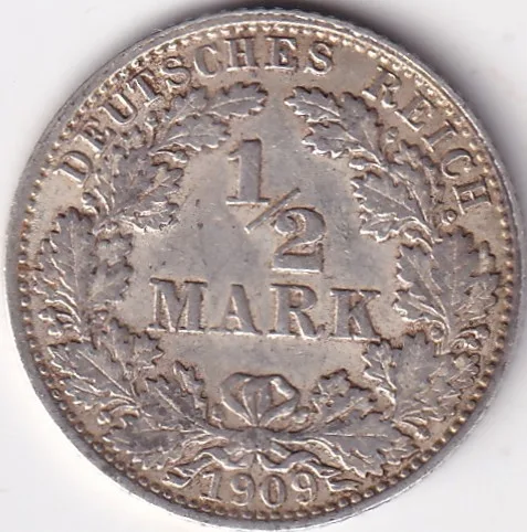 1/2 Mark Germany 1909 Eagle Silver J Mark Silver Rare Coin