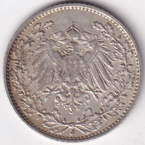 1/2 Mark Germany 1909 Eagle Silver J Mark Silver Rare Coin