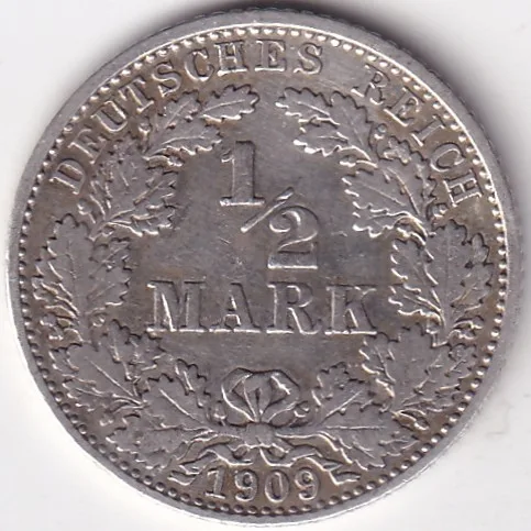 1/2 Mark Germany 1909 Eagle Silver D Mark Silver Rare Coin