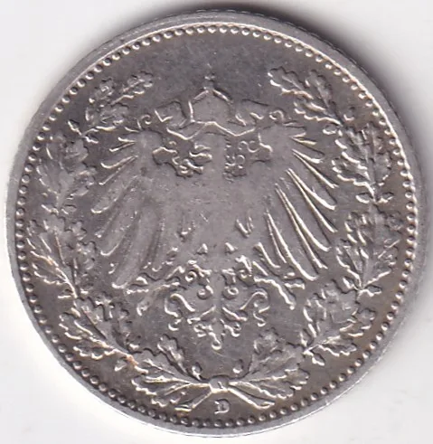 1/2 Mark Germany 1909 Eagle Silver D Mark Silver Rare Coin