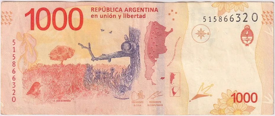 Argentina 1000 Pesos 2017-2022 Used Very Fine Condition Rare Note