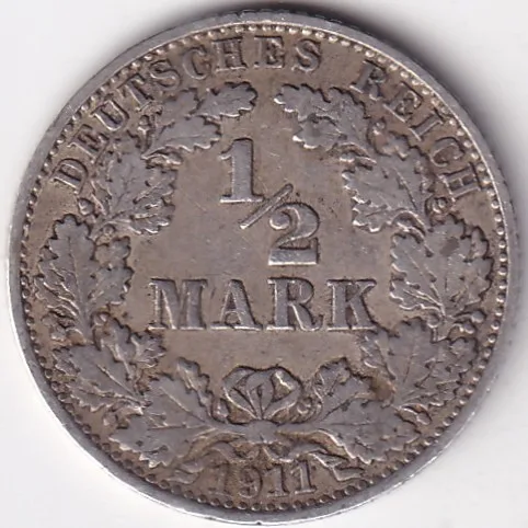 1/2 Mark Germany 1911 Eagle Silver A Mark Silver Rare Coin