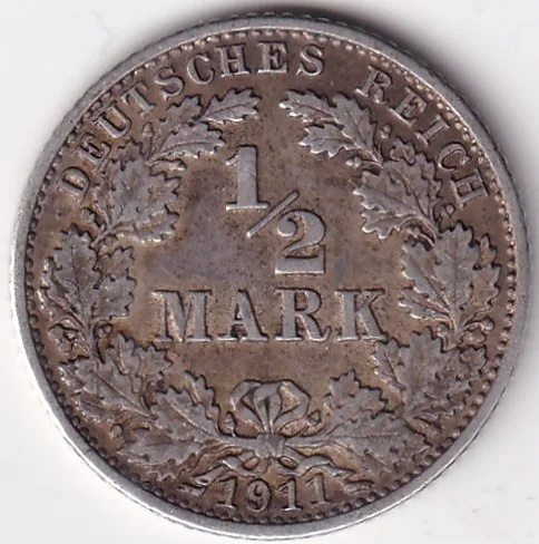 1/2 Mark Germany 1911 Eagle Silver G Mark Silver Rare Coin