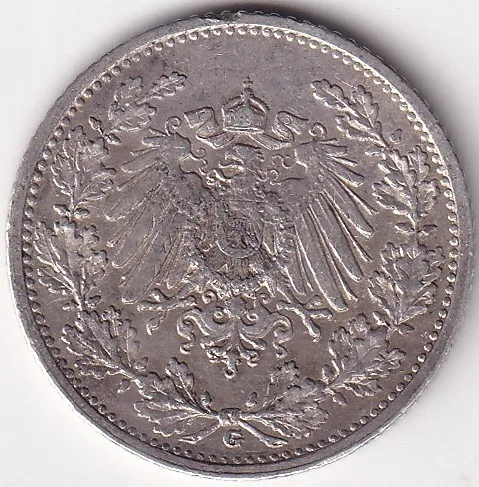 1/2 Mark Germany 1911 Eagle Silver G Mark Silver Rare Coin