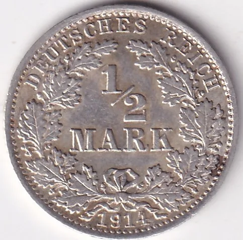 1/2 Mark Germany 1914 Eagle Silver A Mark Silver Rare Coin