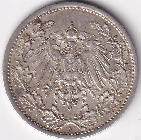1/2 Mark Germany 1915 Eagle Silver A Mark Silver Rare Coin