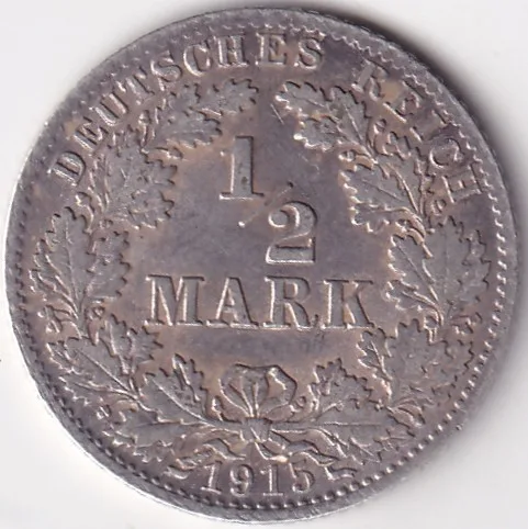 1/2 Mark Germany 1915 Eagle Silver D Mark Silver Rare Coin