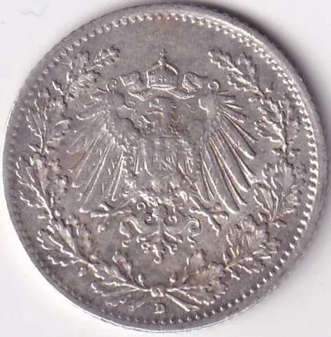 1/2 Mark Germany 1915 Eagle Silver D Mark Silver Rare Coin