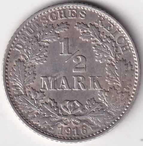 1/2 Mark Germany 1916 Eagle Silver E Mark Silver Rare Coin