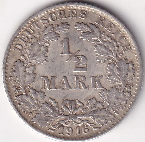 1/2 Mark Germany 1916 Eagle Silver D Mark Silver Rare Coin