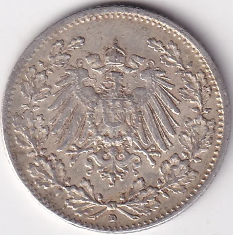 1/2 Mark Germany 1916 Eagle Silver D Mark Silver Rare Coin