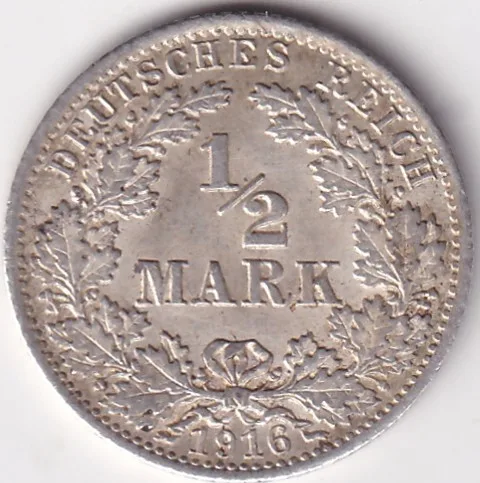 1/2 Mark Germany 1916 Eagle Silver A Mark Silver Rare Coin