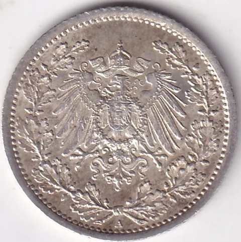 1/2 Mark Germany 1916 Eagle Silver A Mark Silver Rare Coin