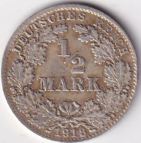 1/2 Mark Germany 1918 Eagle Silver D Mark Silver Rare Coin