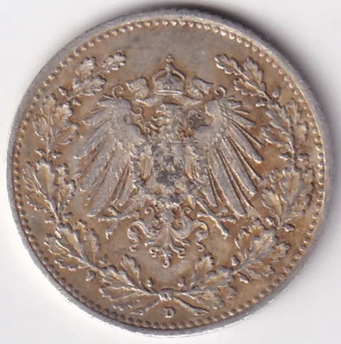 1/2 Mark Germany 1918 Eagle Silver D Mark Silver Rare Coin