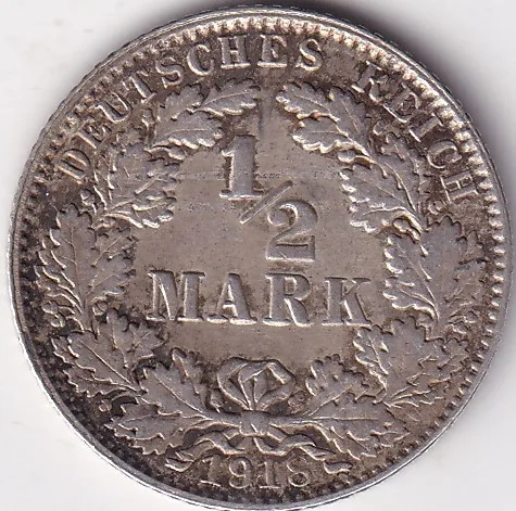 1/2 Mark Germany 1918 Eagle Silver E Mark Silver Rare Coin