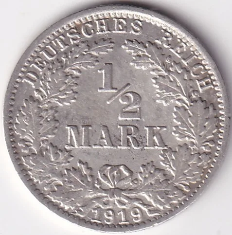 1/2 Mark Germany 1919 Eagle Silver A Mark Silver Rare Coin