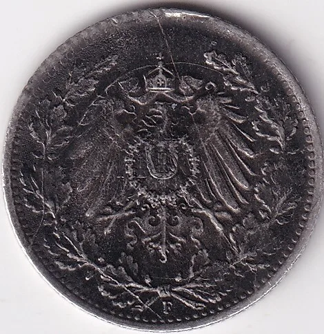 1/2 Mark Germany 1919 Eagle Silver F Mark Silver Rare Coin