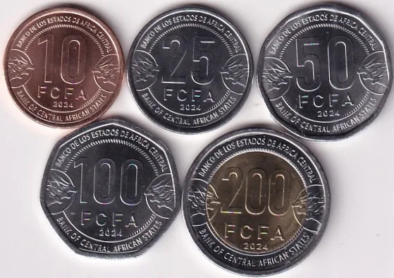 Central African States 10 25 50 100 200 Francs CFA Five Unc Coins Set